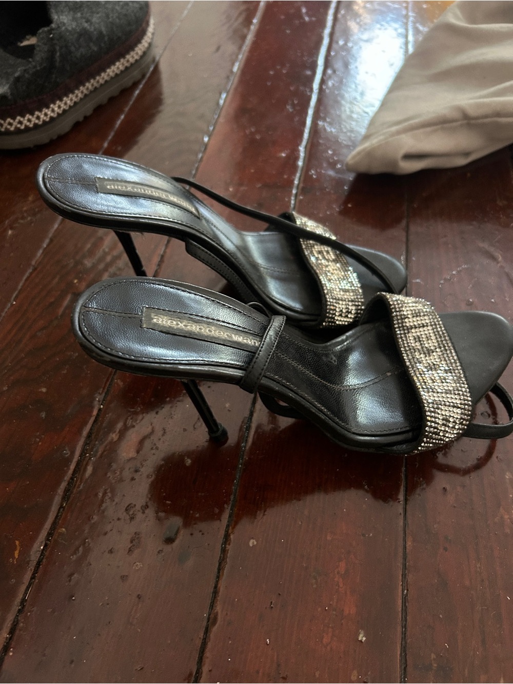 Black Crystal-Embellished Stiletto Sandals